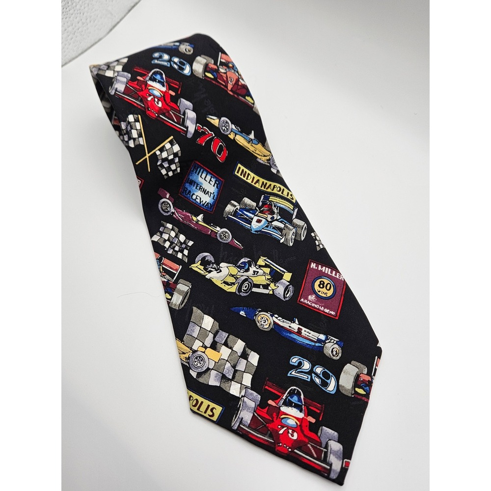 Vintage 1996 Nicole‎ Miller Silk Tie Indianapolis Indy Race Car Racing Black 4"